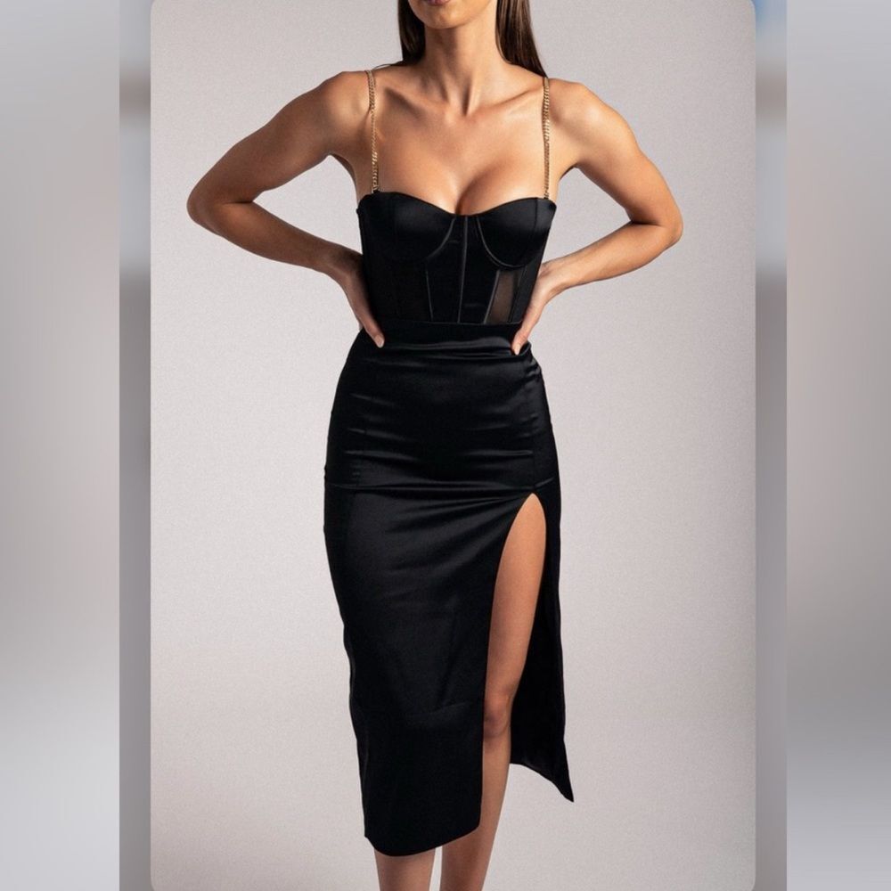 Meshki Black Midi Dress with Gold Straps